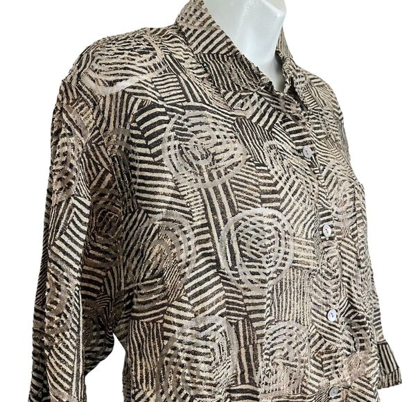 Chicos Womens Brown Button Down Sheer 3/4 Sleeve Mixed Media Shirt Top sz 2 / L - Picture 2 of 16